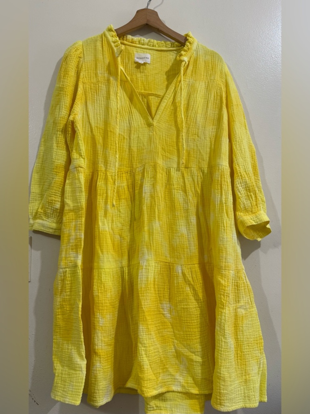 HONORINE Lightweight Yellow Tiered Midi Dress with Tie Neck